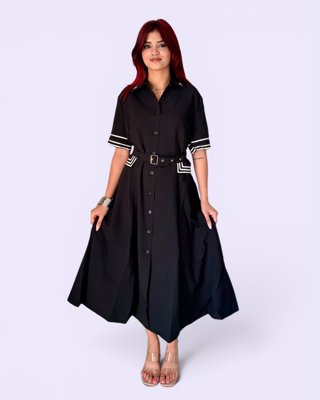Contrast Trim Belted Midi Shirt Dress