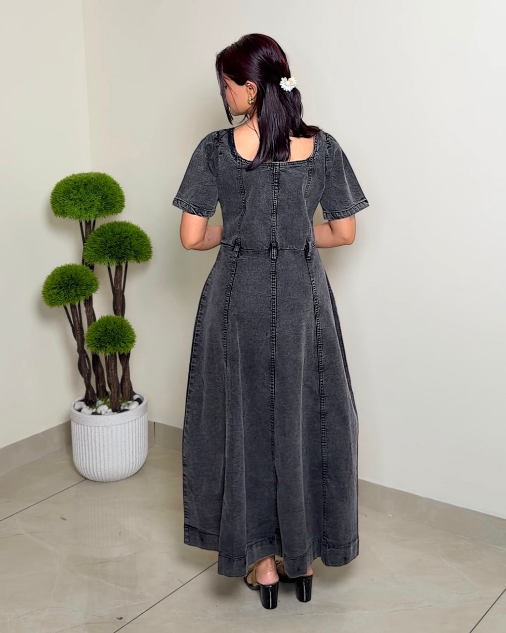 Button-Down Square Neck Denim Maxi Dress