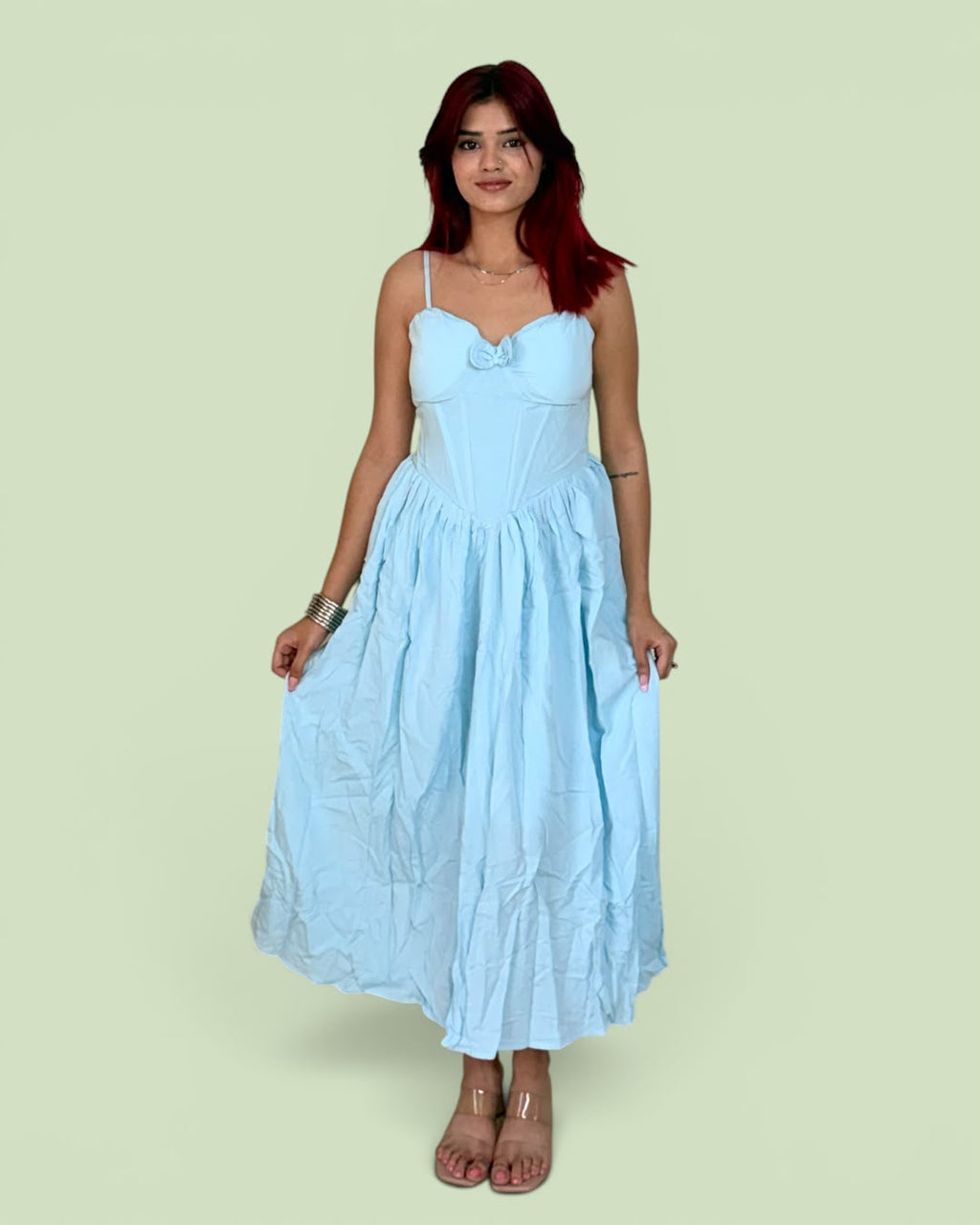 Corset-Style Bustier Tiered Midi Dress