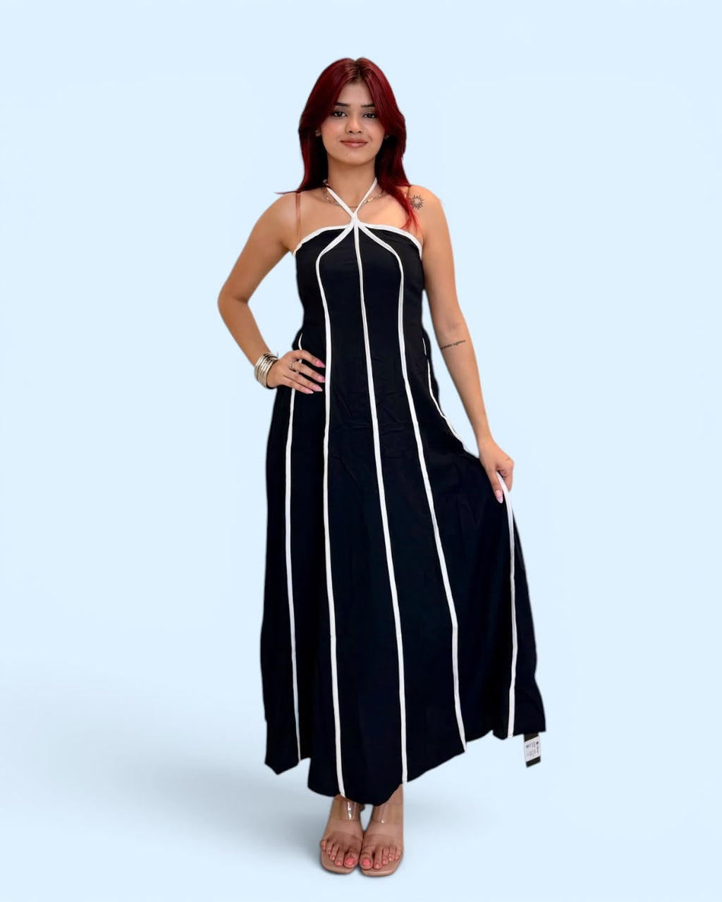 Contrast Piping Halter-Neck Maxi Dress