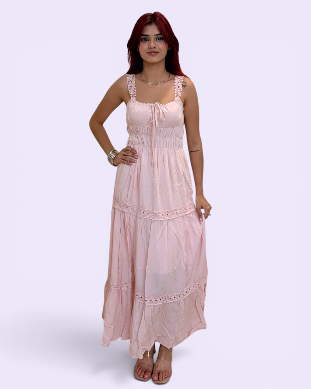 Crochet-Strap Lace-Insert Tiered Maxi Dress