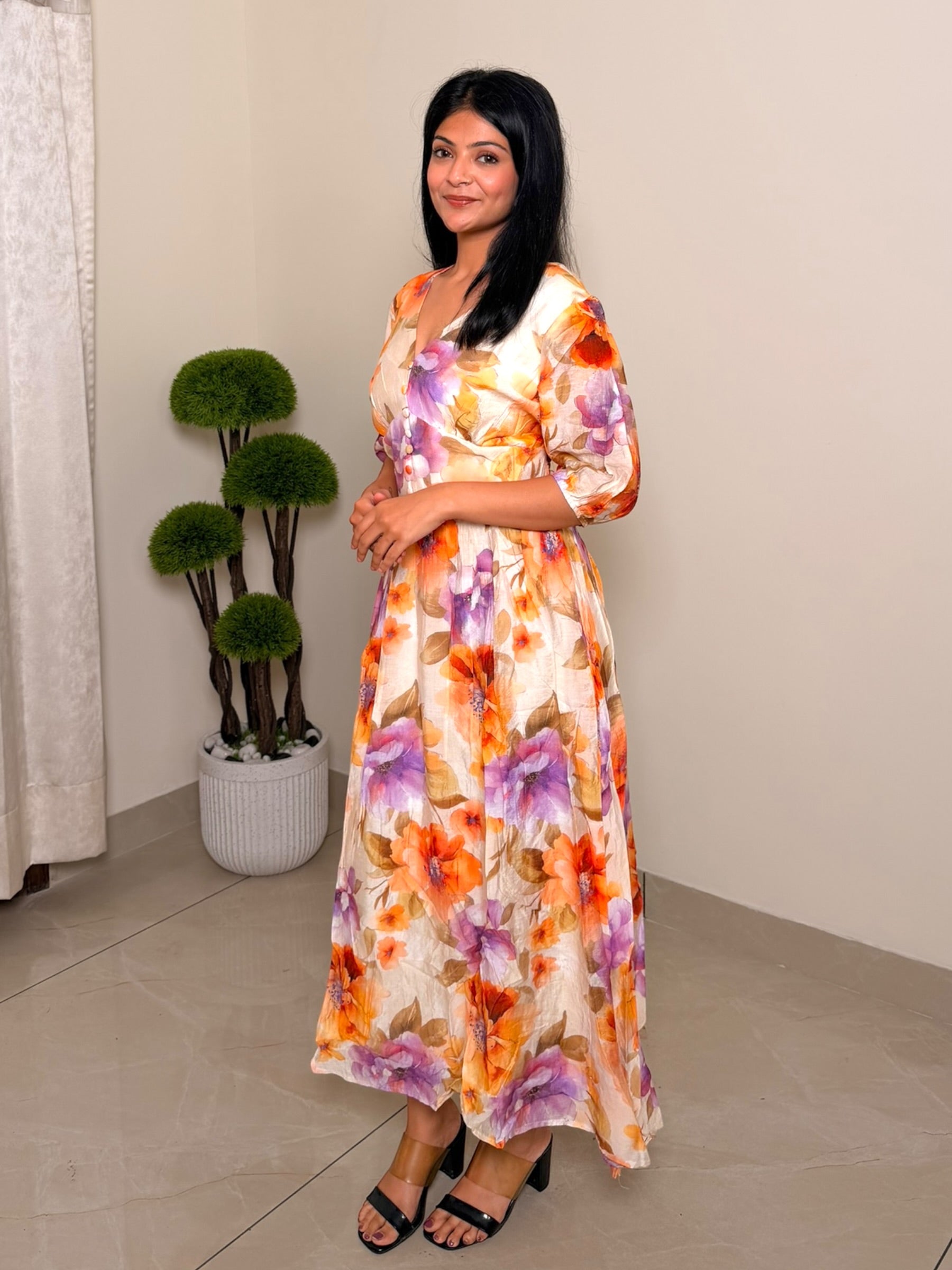 V-Neck Floral Print Dress