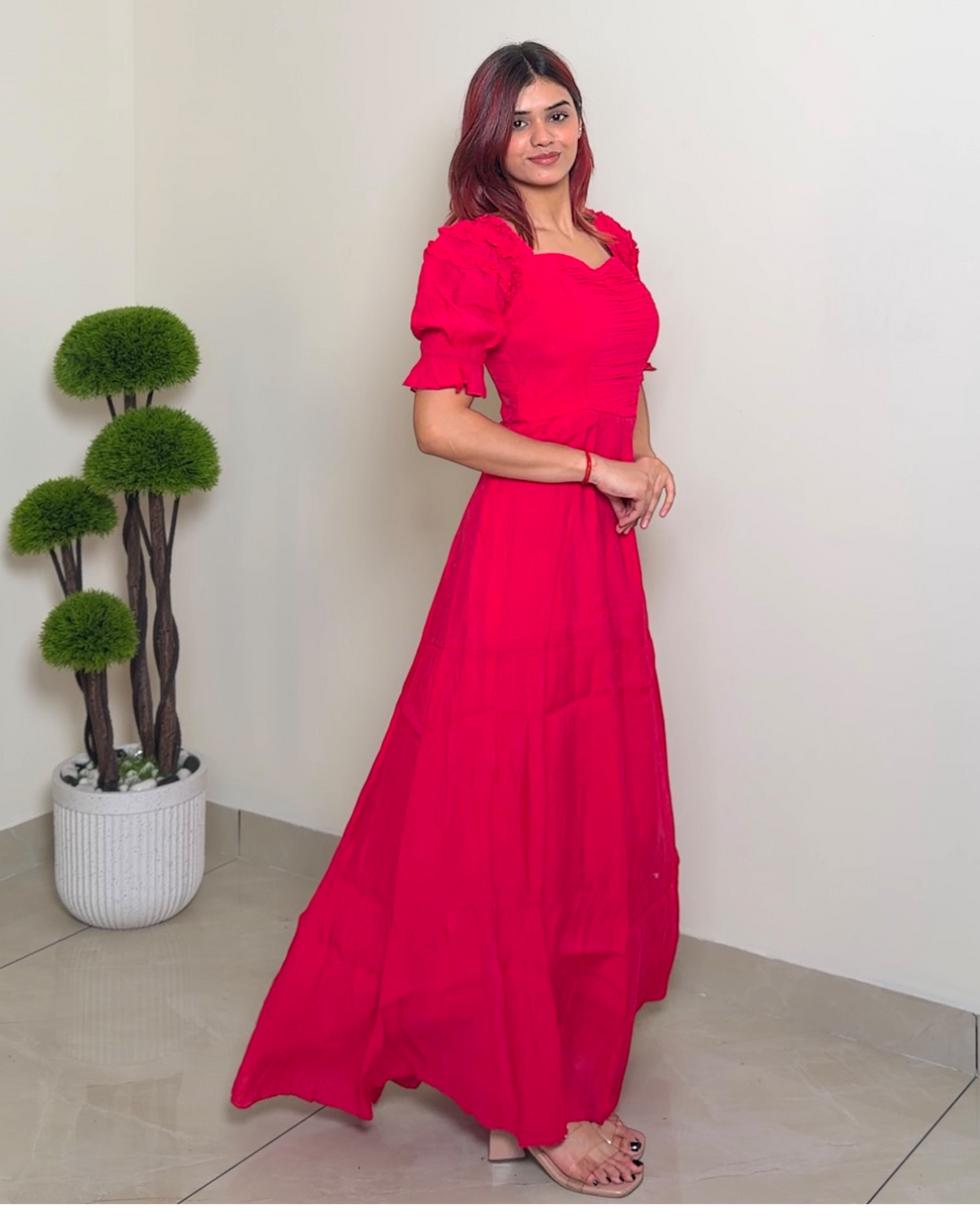 Solid Designer Puffed Sleeve Dress