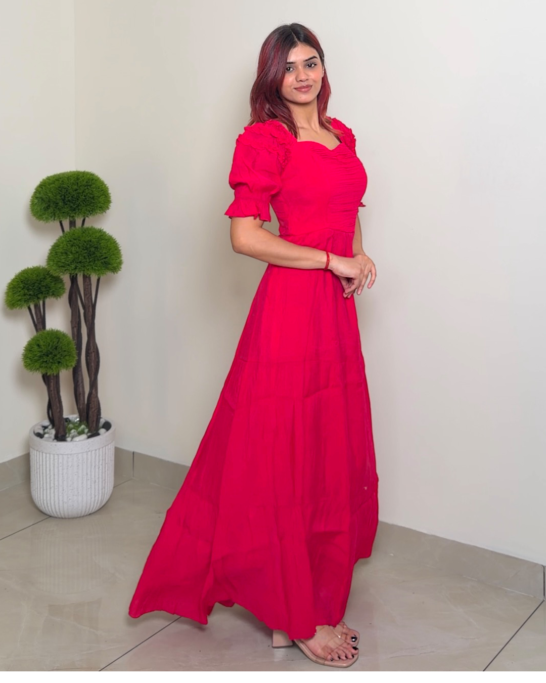 Solid Designer Puffed Sleeve Dress
