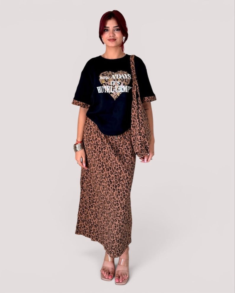 Heart Graphic Tee & Leopard Maxi Skirt Co-ord Set