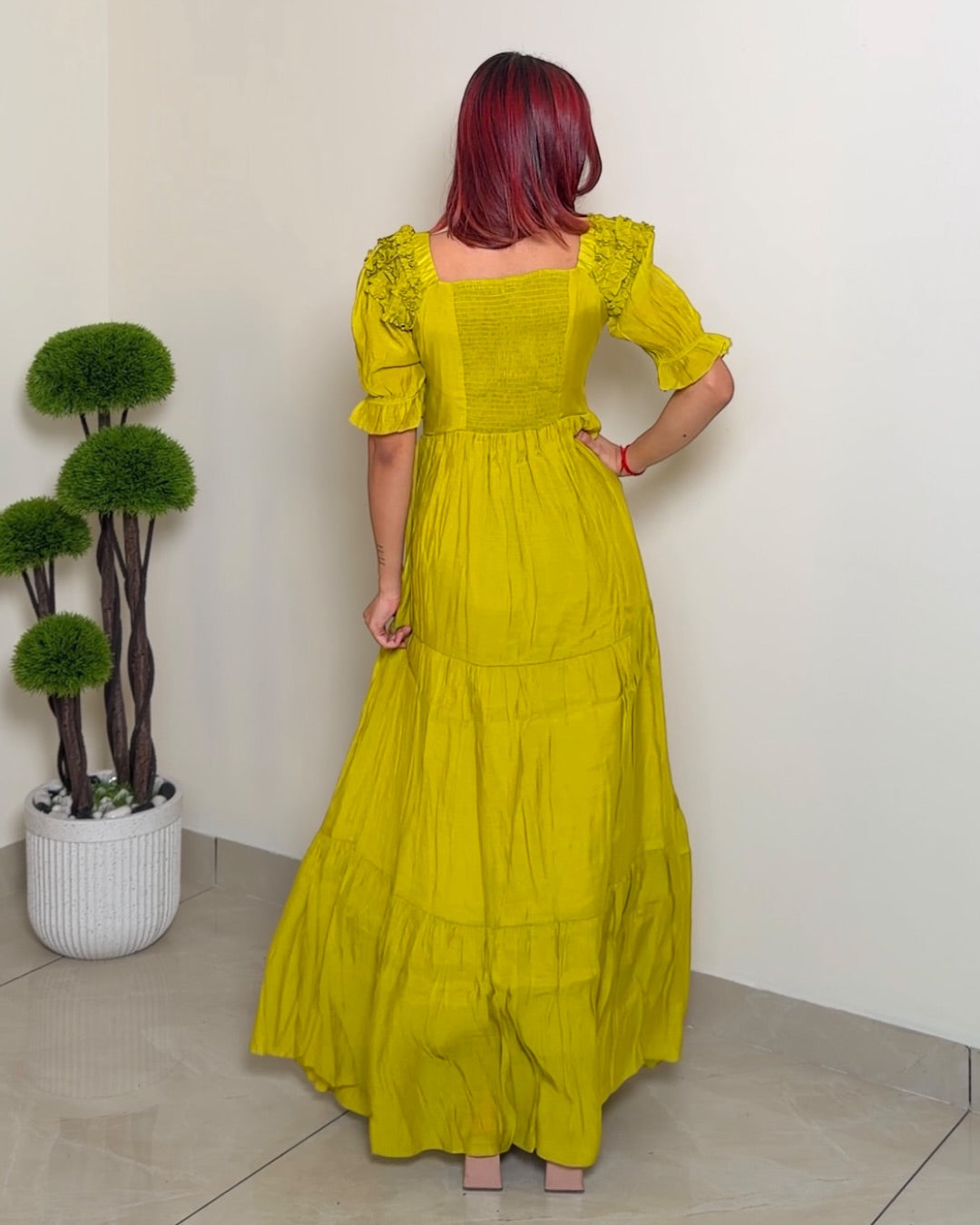 Solid Designer Puffed Sleeve Dress