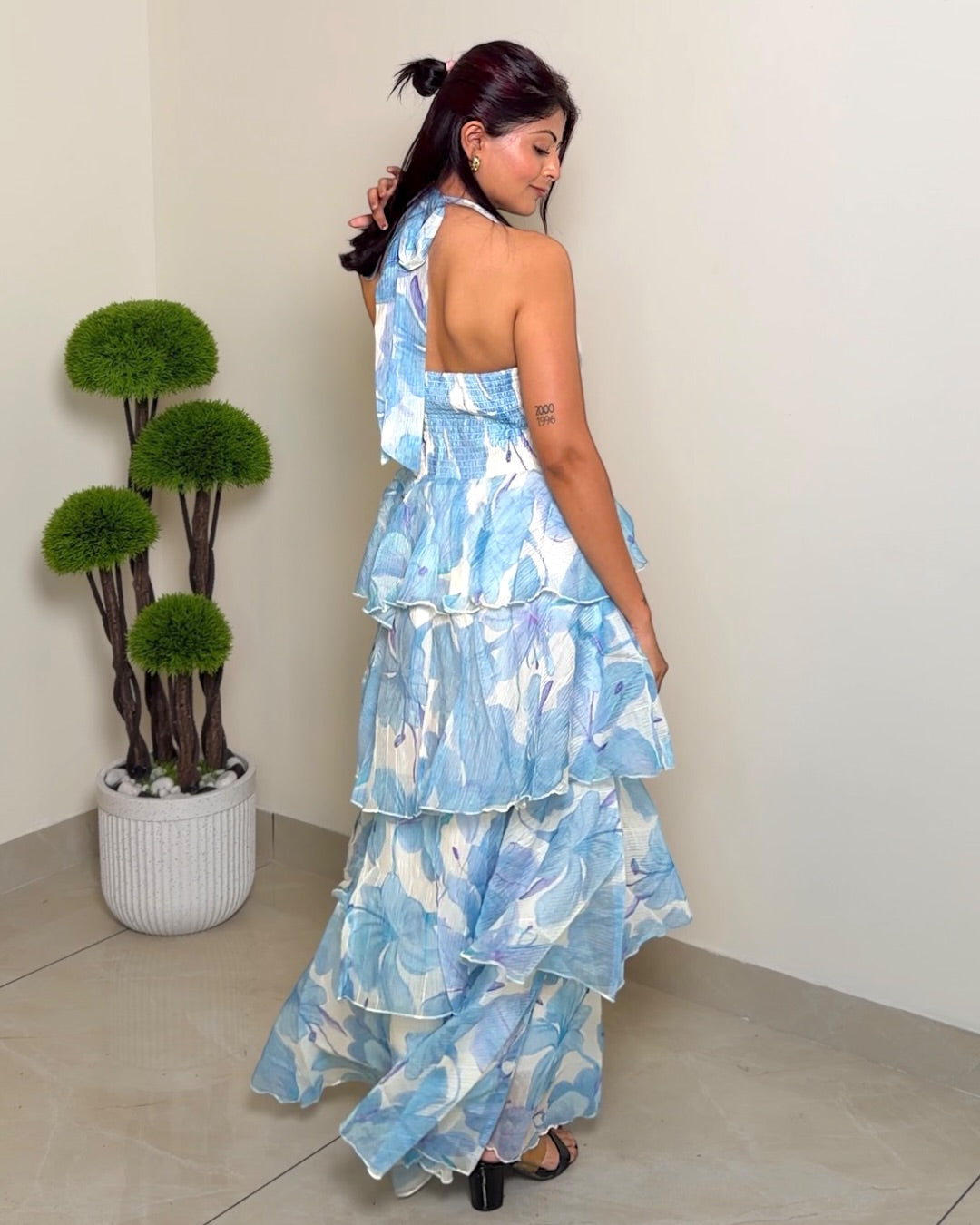 Printed Ruffle Halter Tiered Dress