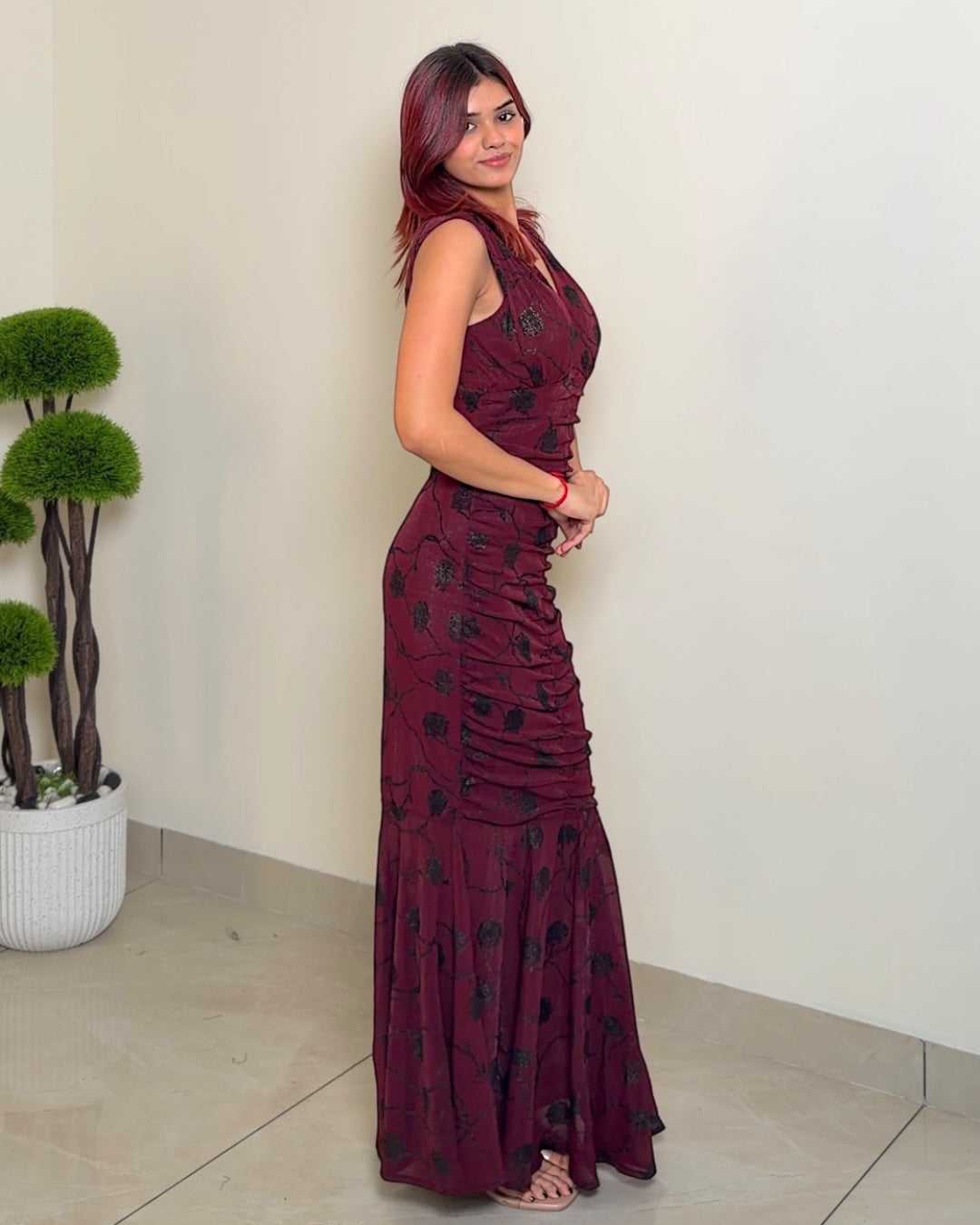 V Neck Ruched Fishtail Dress