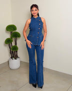 Denim Peplum and Bell Bottom Co-ord Set