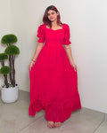 Solid Designer Puffed Sleeve Dress