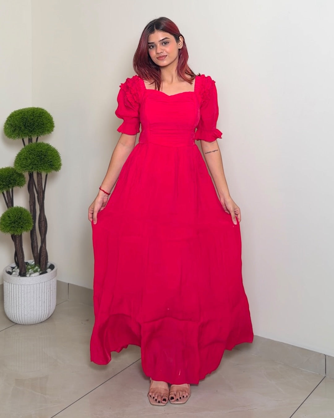 Solid Designer Puffed Sleeve Dress