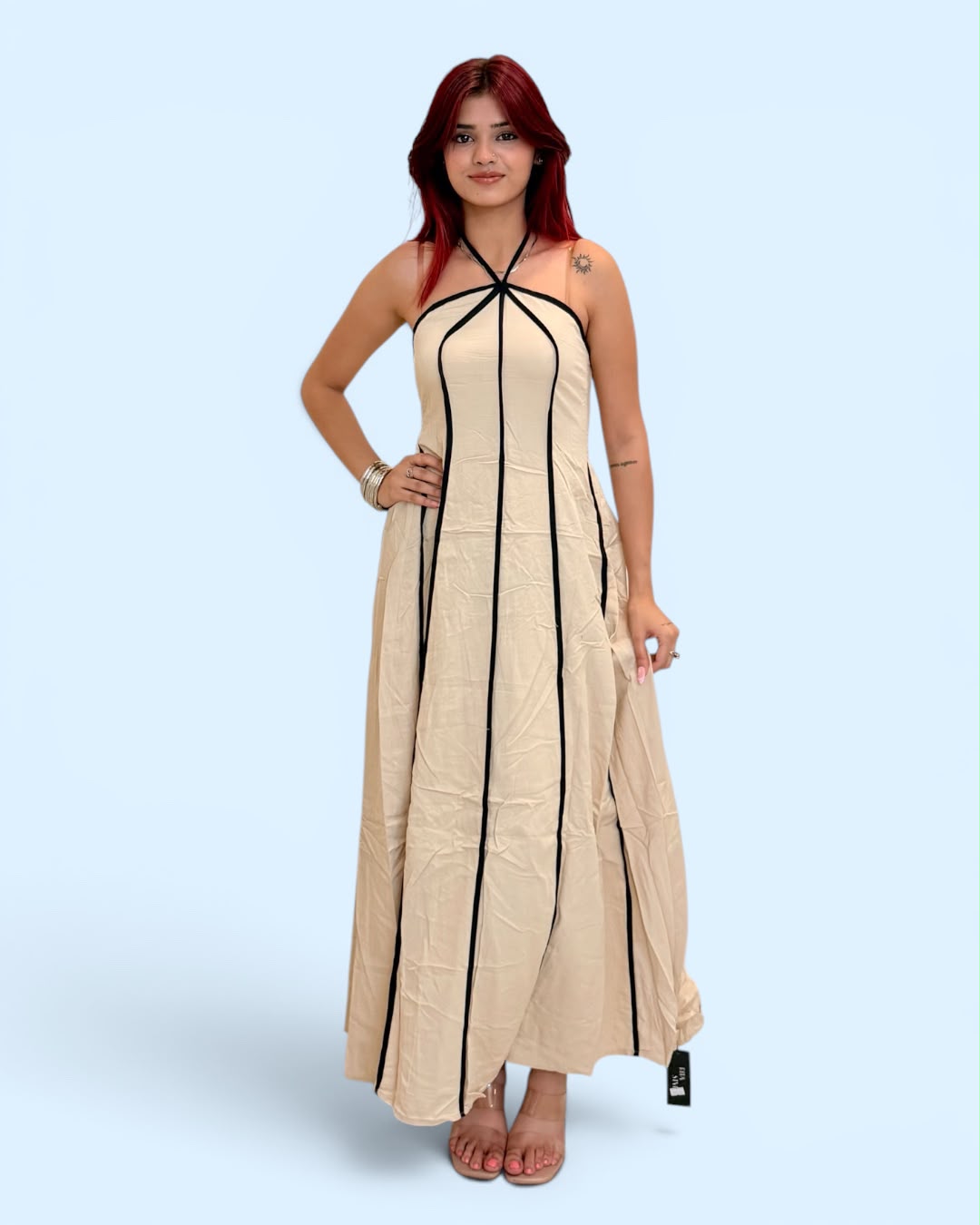 Contrast Piping Halter-Neck Maxi Dress