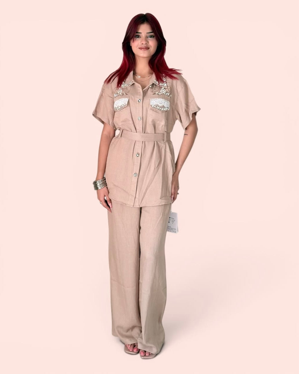 Embellished Utility Safari Shirt & Wide-Leg Trouser Co-ord Set