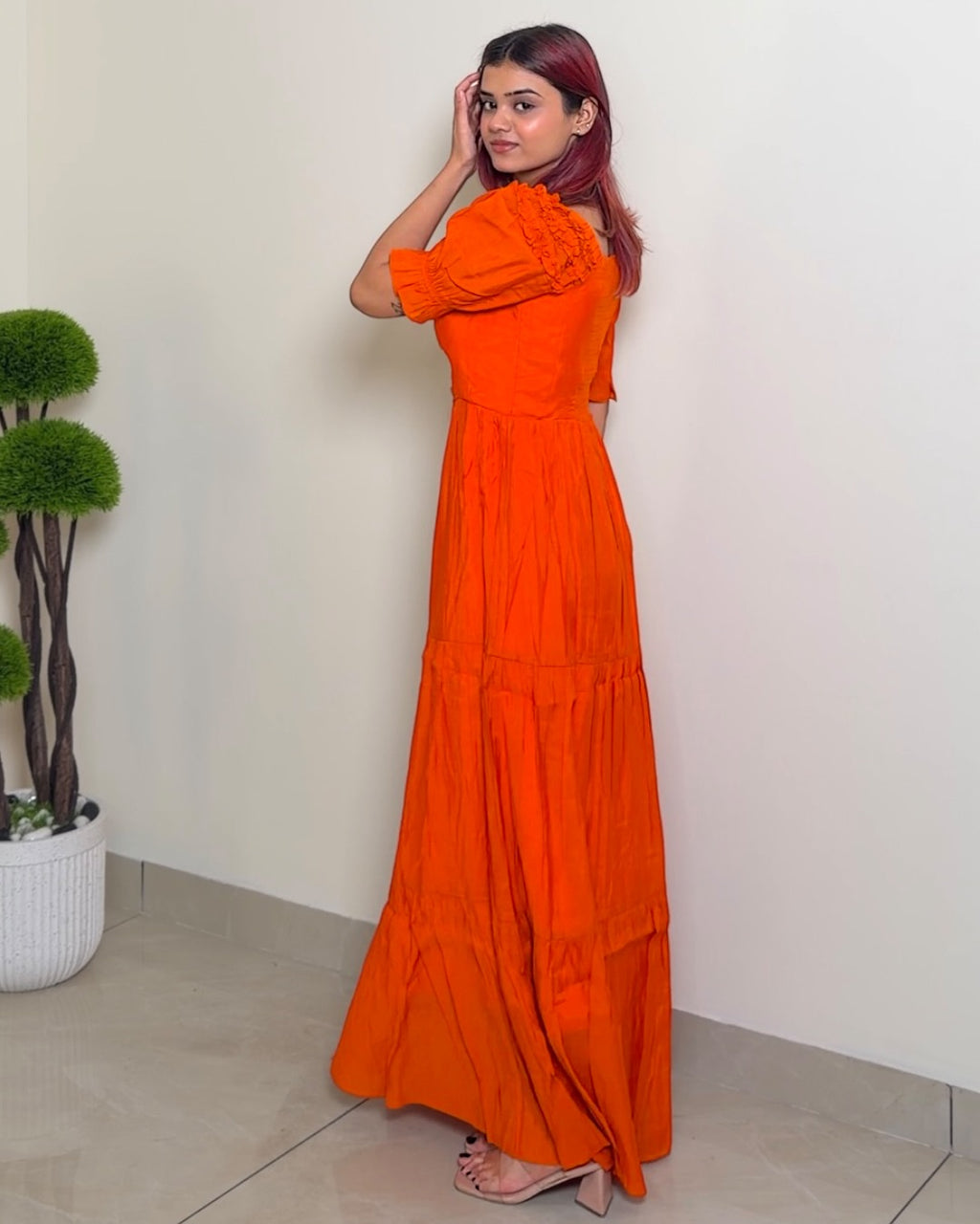 Solid Designer Puffed Sleeve Dress