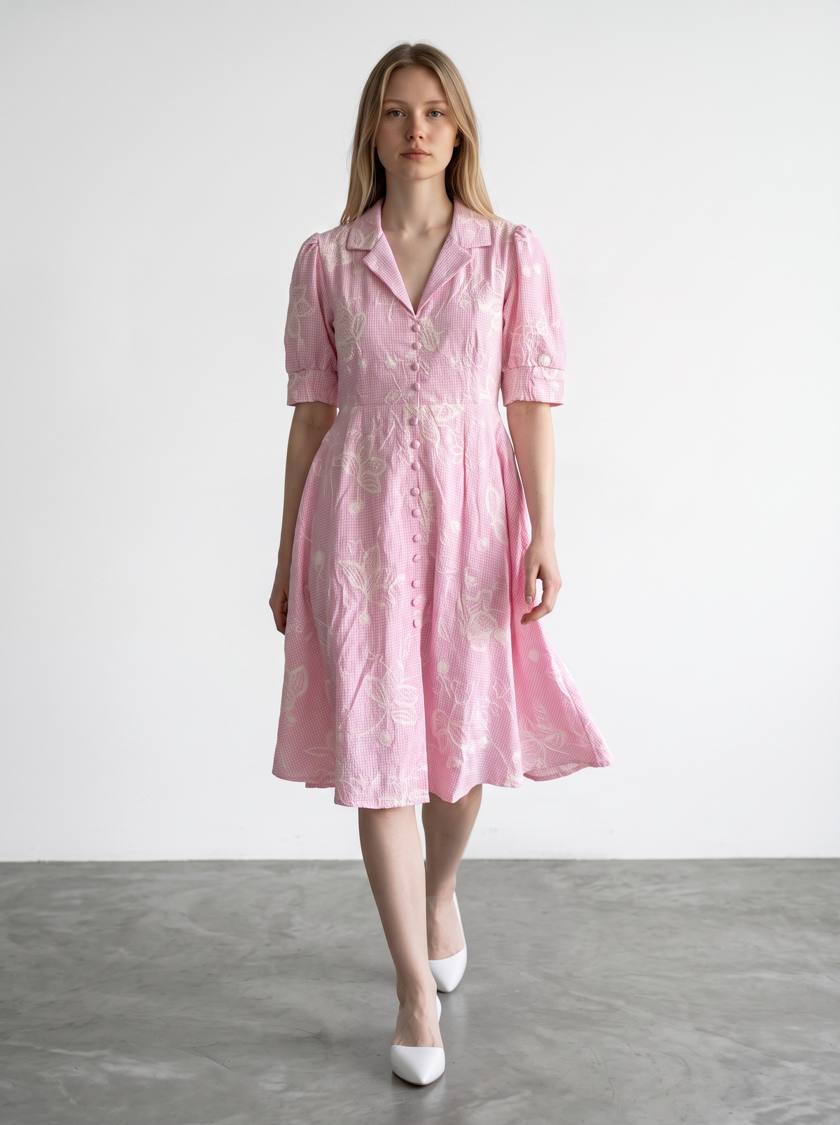 Floral Embroidered Midi Dress with Belt