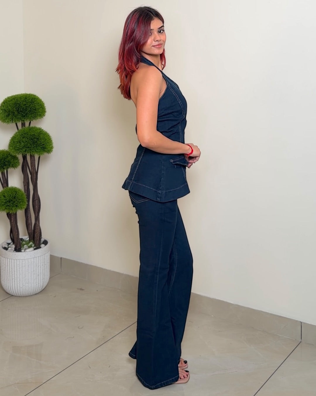 Halter Neck Peplum Denim Cord Set