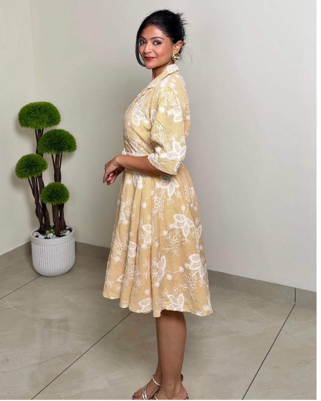 Floral Embroidered Midi Dress with Belt