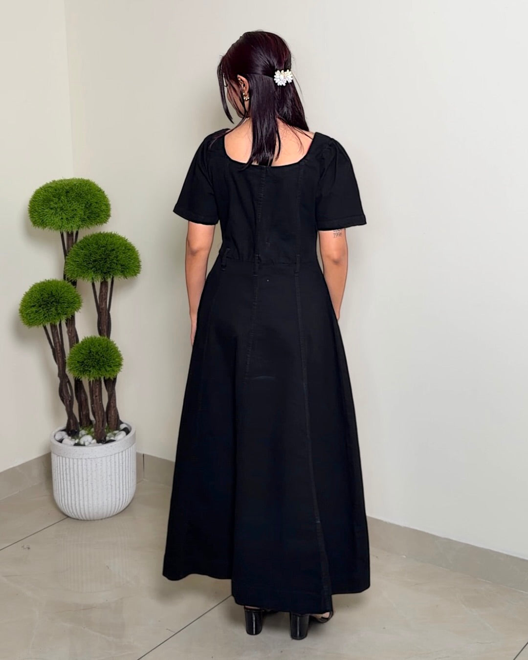 Button-Down Square Neck Denim Maxi Dress