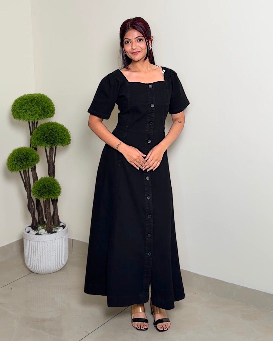 Button-Down Square Neck Denim Maxi Dress