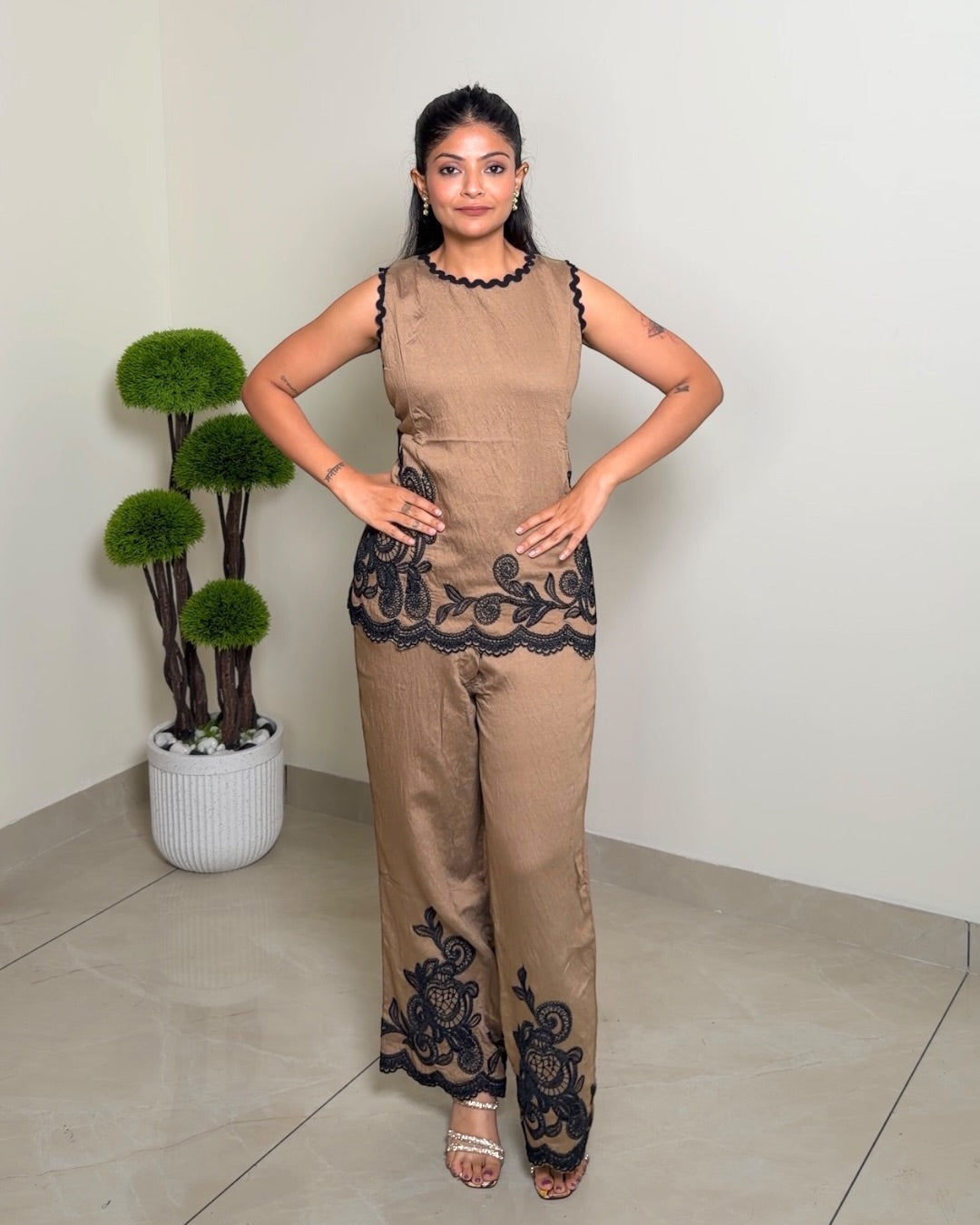 Women's Embroidered Cotton Co-Ord Set with Lace Trim | Festival Wear