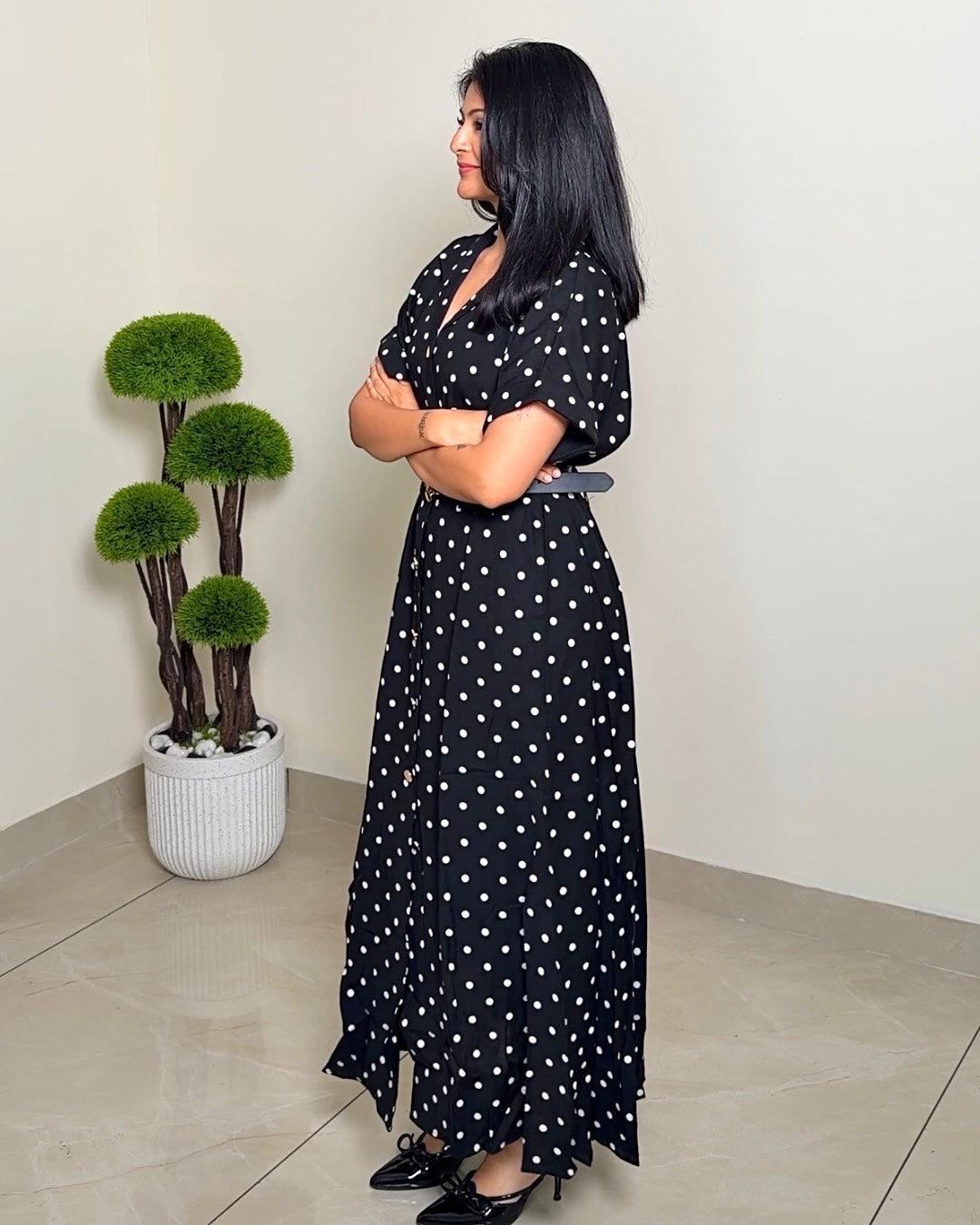 Polka Dot Belted Maxi Dress