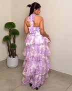 Printed Ruffle Halter Tiered Dress