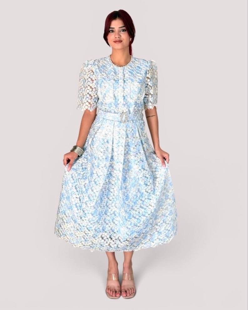 Floral Cutout Lace Belted Midi Dress