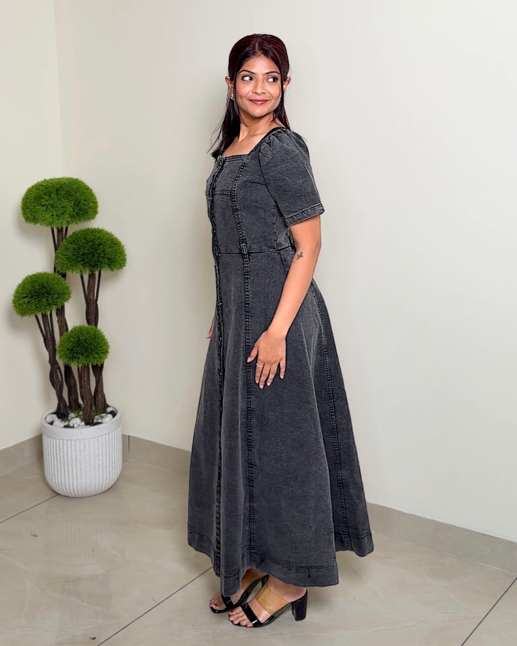 Button-Down Square Neck Denim Maxi Dress