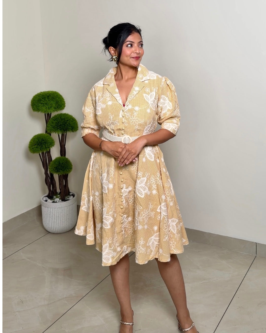 Floral Embroidered Midi Dress with Belt