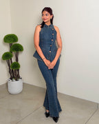 Denim Peplum and Bell Bottom Co-ord Set