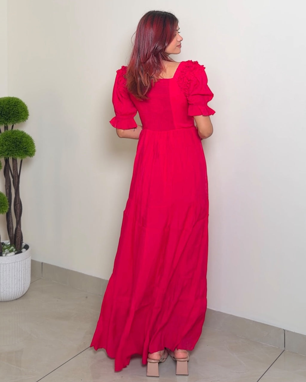 Solid Designer Puffed Sleeve Dress