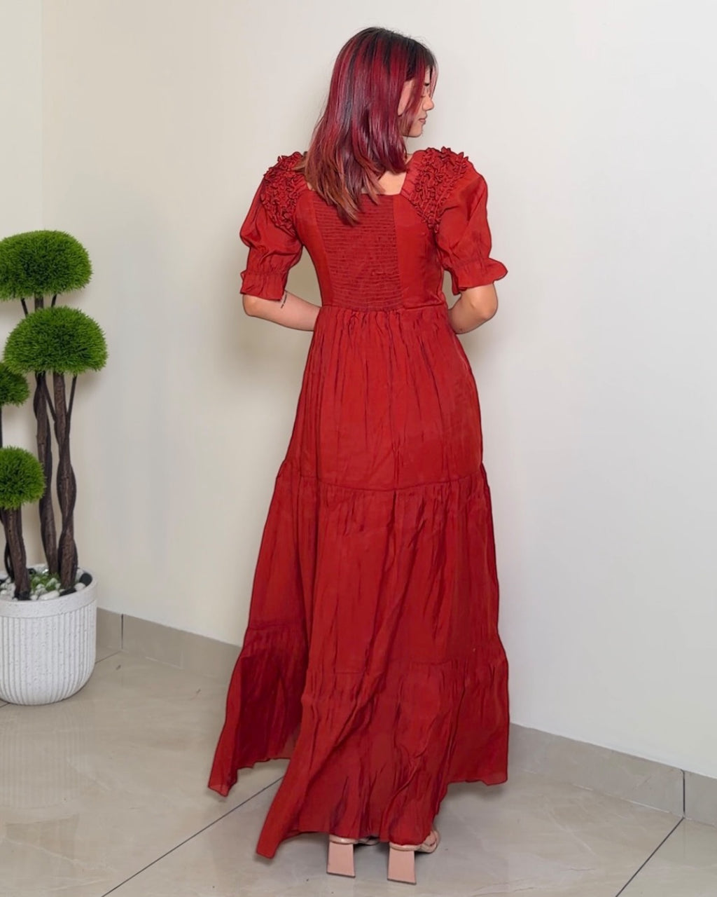 Solid Designer Puffed Sleeve Dress