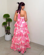 Printed Ruffle Halter Tiered Dress