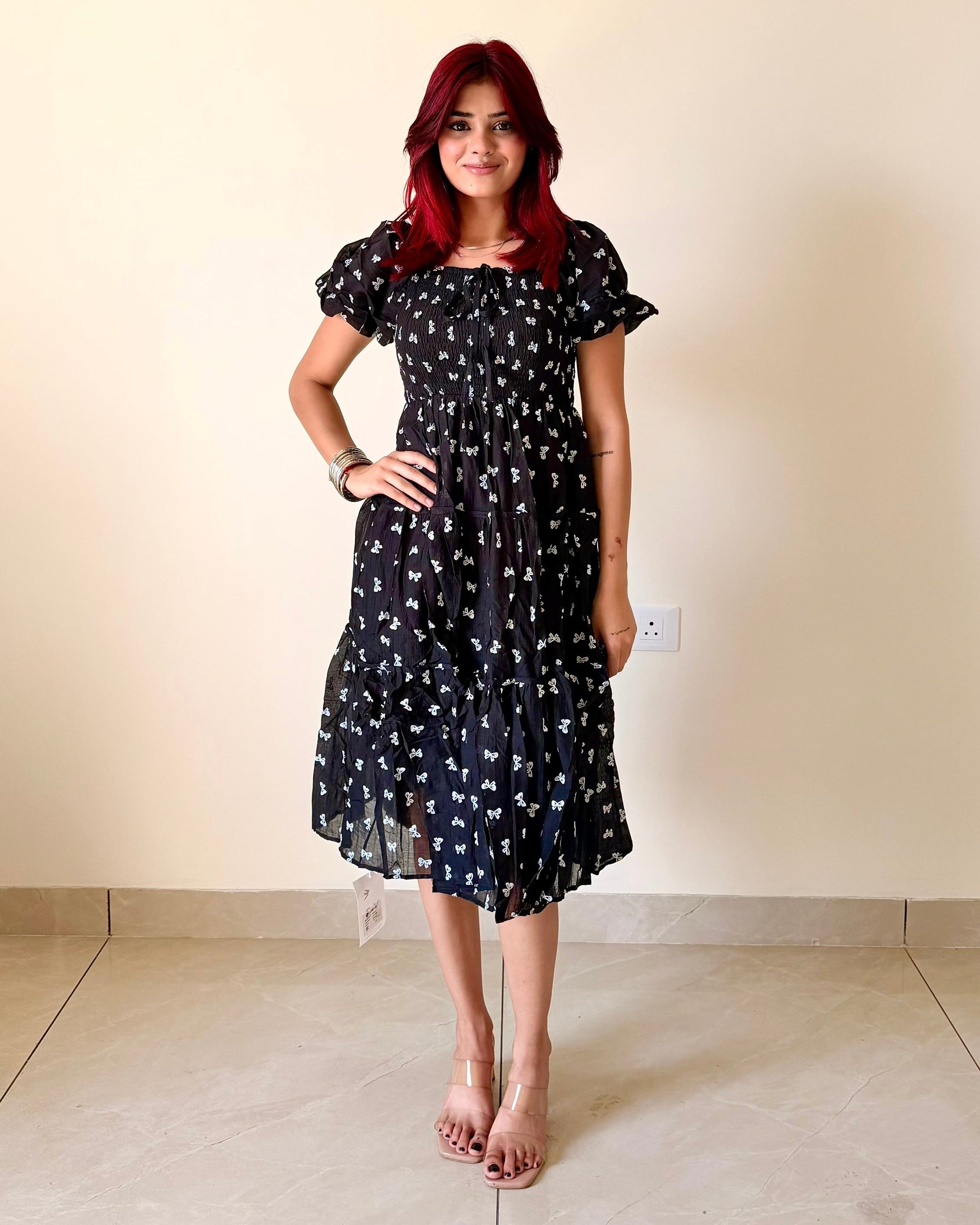 Mini Bow Print Smocked Tiered Midi Dress