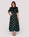Polka Dot Ruffle-Trim Belted Maxi Dress