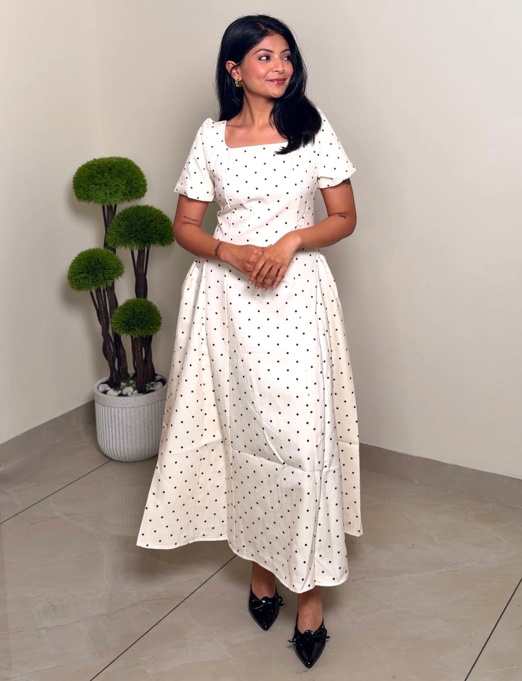 Polka Dot Flared Midi Dress