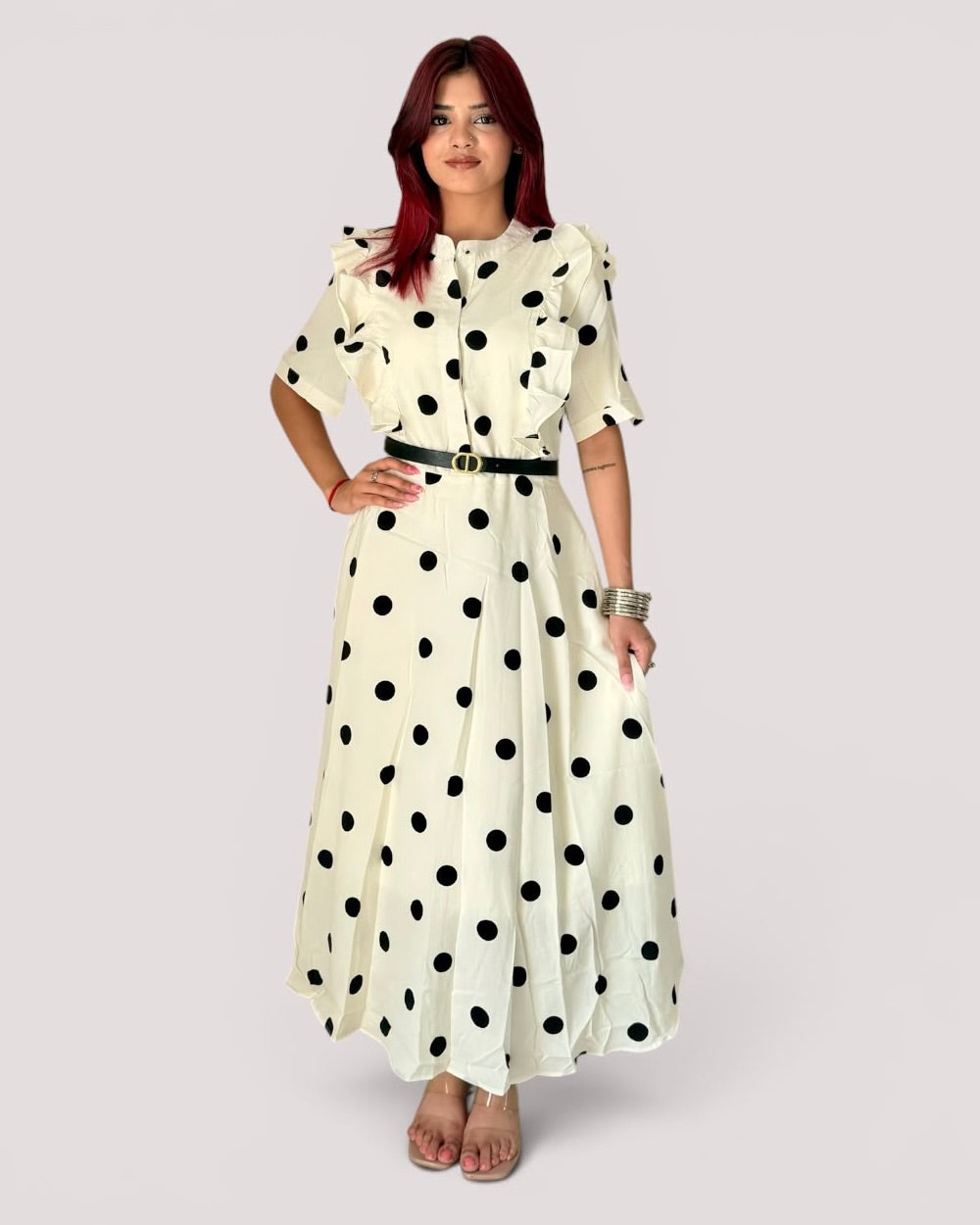 Polka Dot Ruffle-Trim Belted Maxi Dress