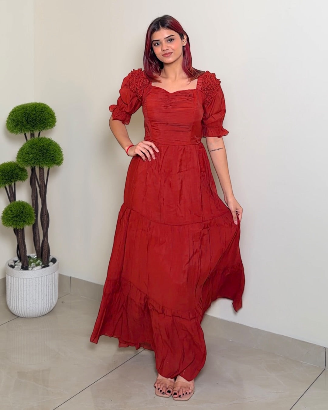 Solid Designer Puffed Sleeve Dress