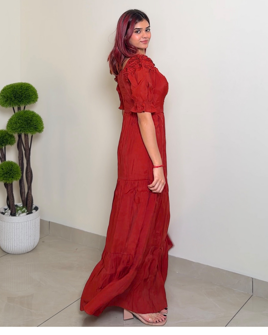 Solid Designer Puffed Sleeve Dress