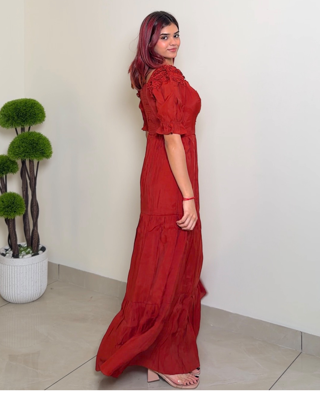 Solid Designer Puffed Sleeve Dress