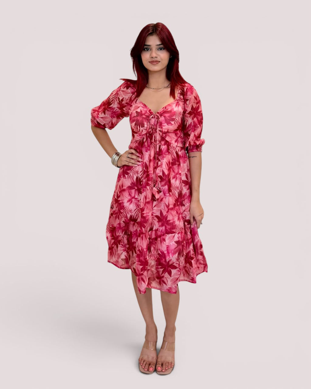 Tropical Botanical Print Tie-Front Midi Dress