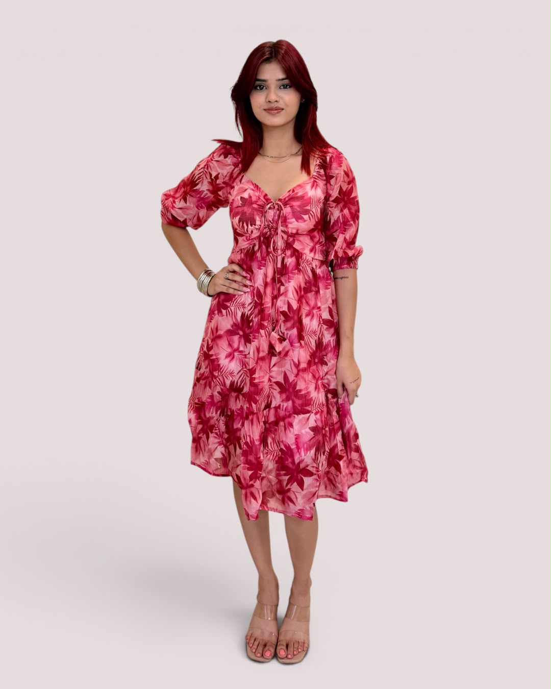 Tropical Botanical Print Tie-Front Midi Dress