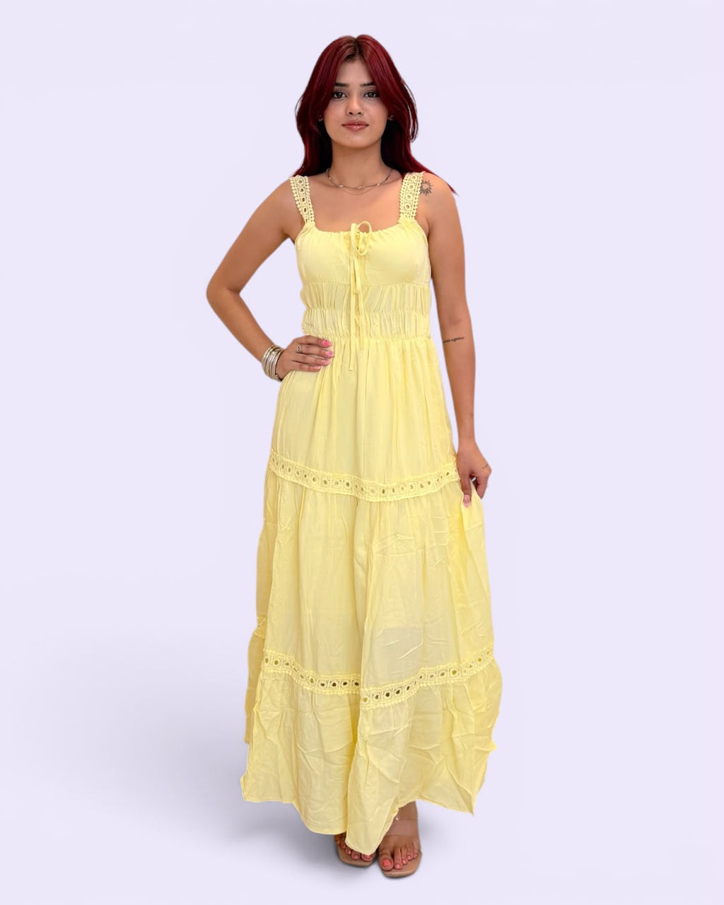 Crochet-Strap Lace-Insert Tiered Maxi Dress