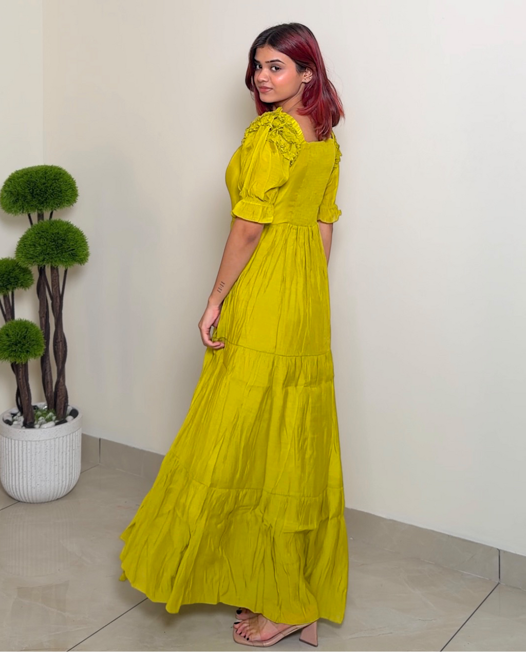 Solid Designer Puffed Sleeve Dress