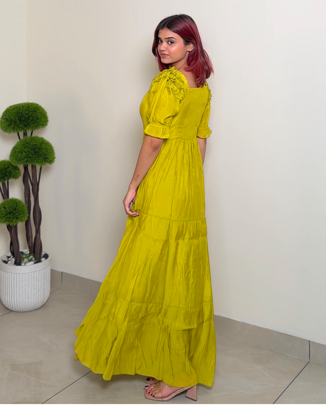 Solid Designer Puffed Sleeve Dress