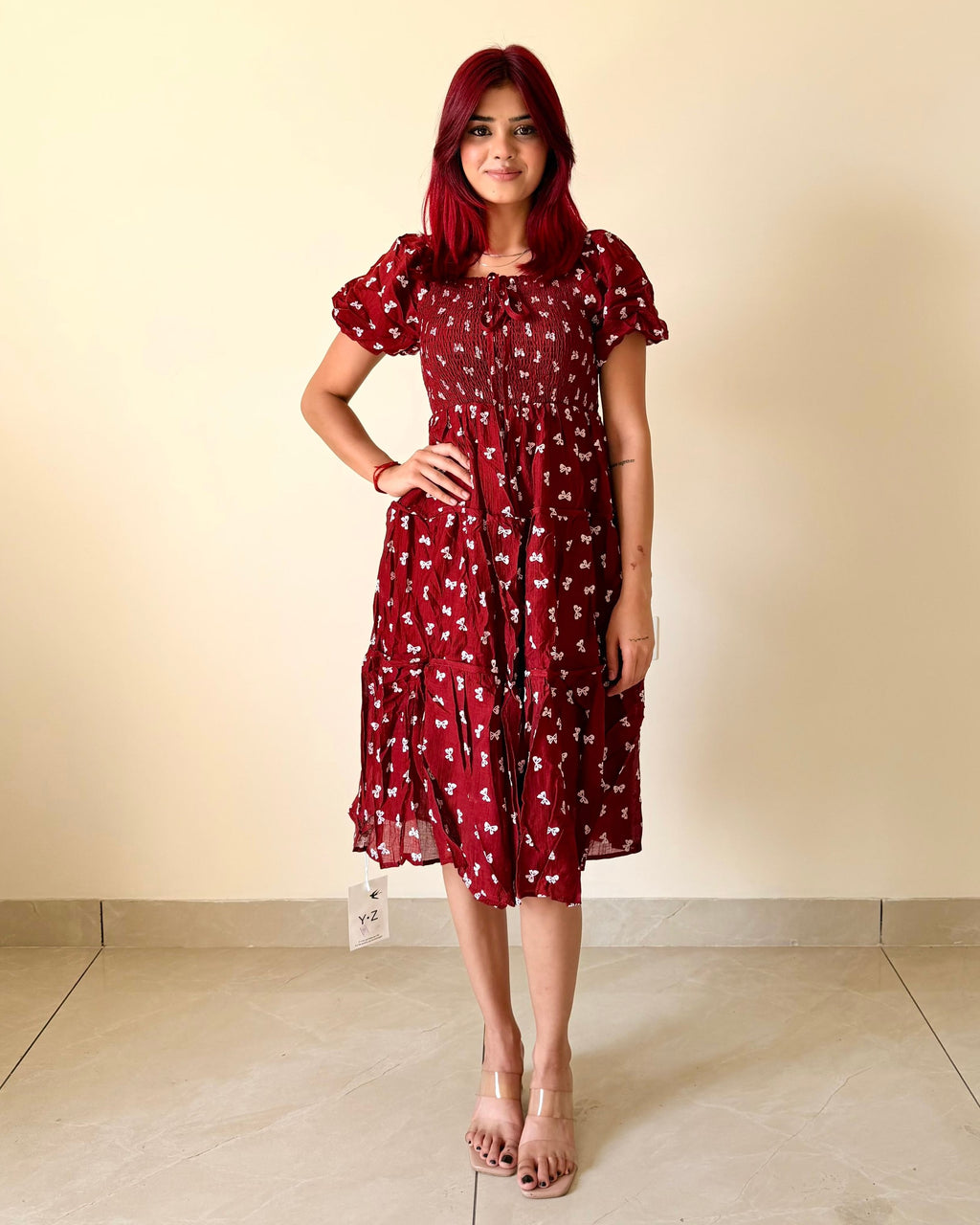 Mini Bow Print Smocked Tiered Midi Dress