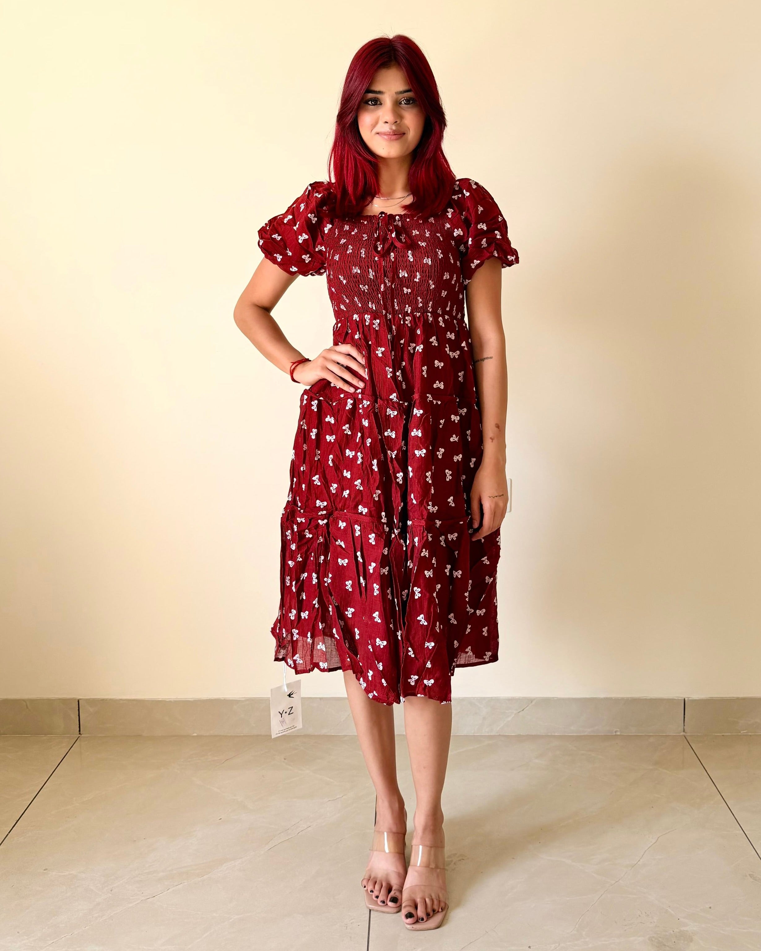 Mini Bow Print Smocked Tiered Midi Dress