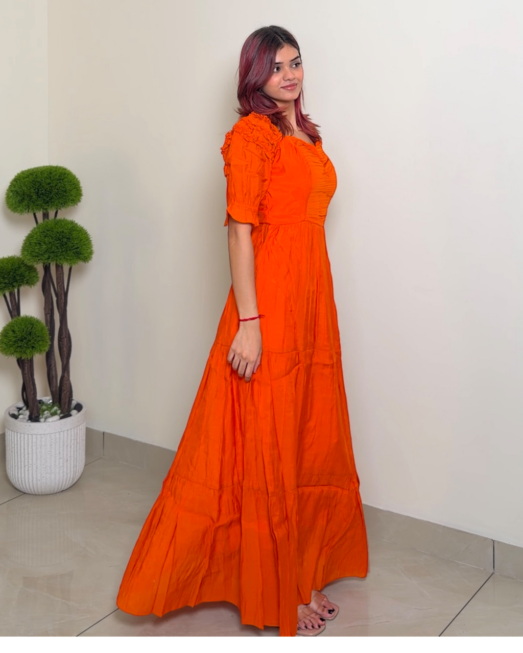 Solid Designer Puffed Sleeve Dress