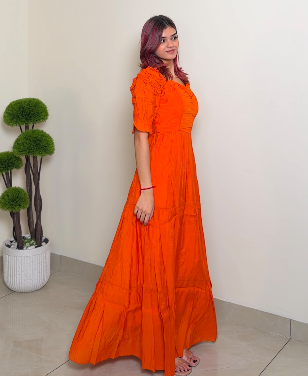 Solid Designer Puffed Sleeve Dress