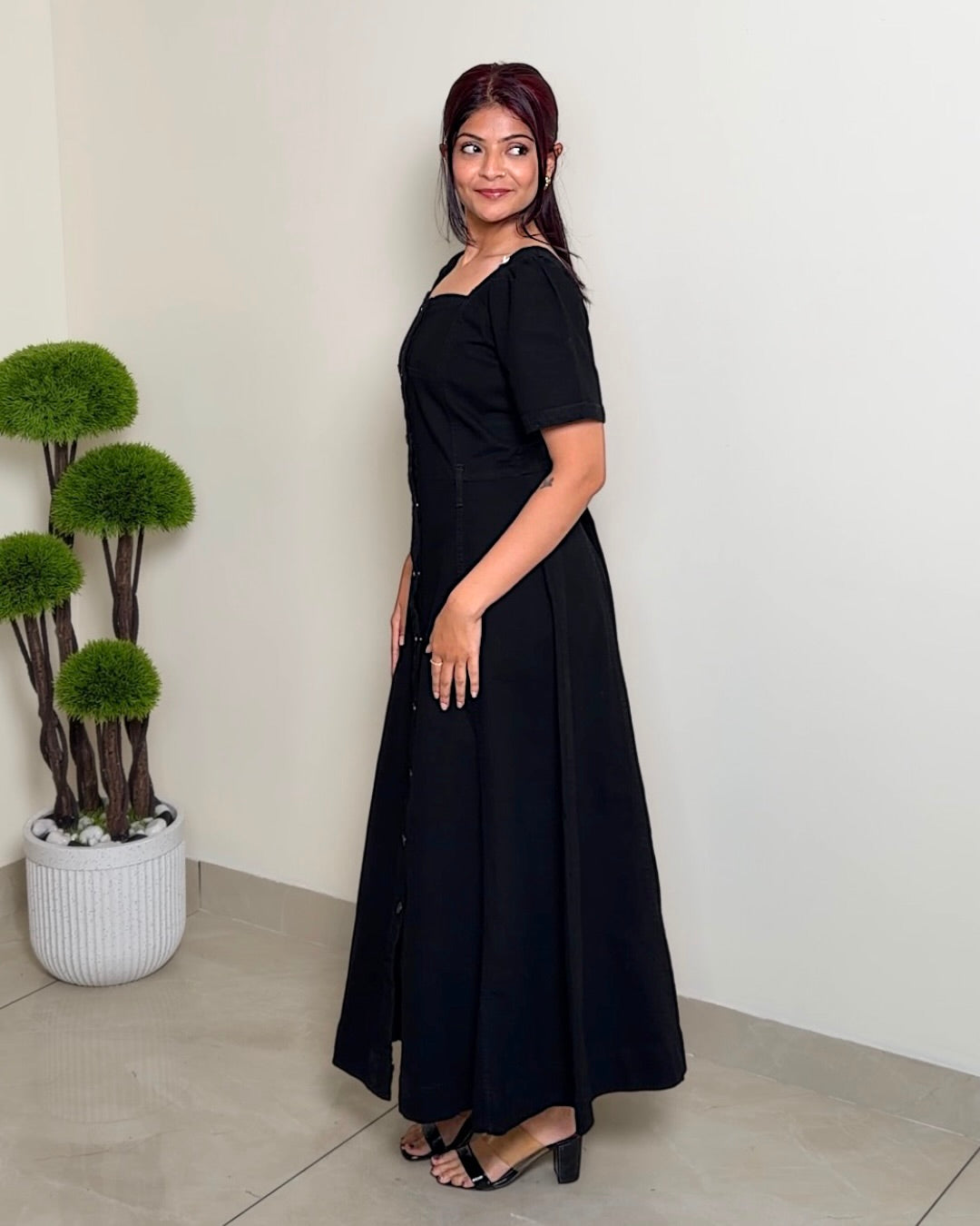 Button-Down Square Neck Denim Maxi Dress